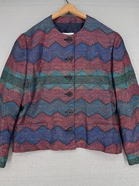 Vintage Missoni Multicolor Zigzag Linen Blazer Western Boho Made In Italy